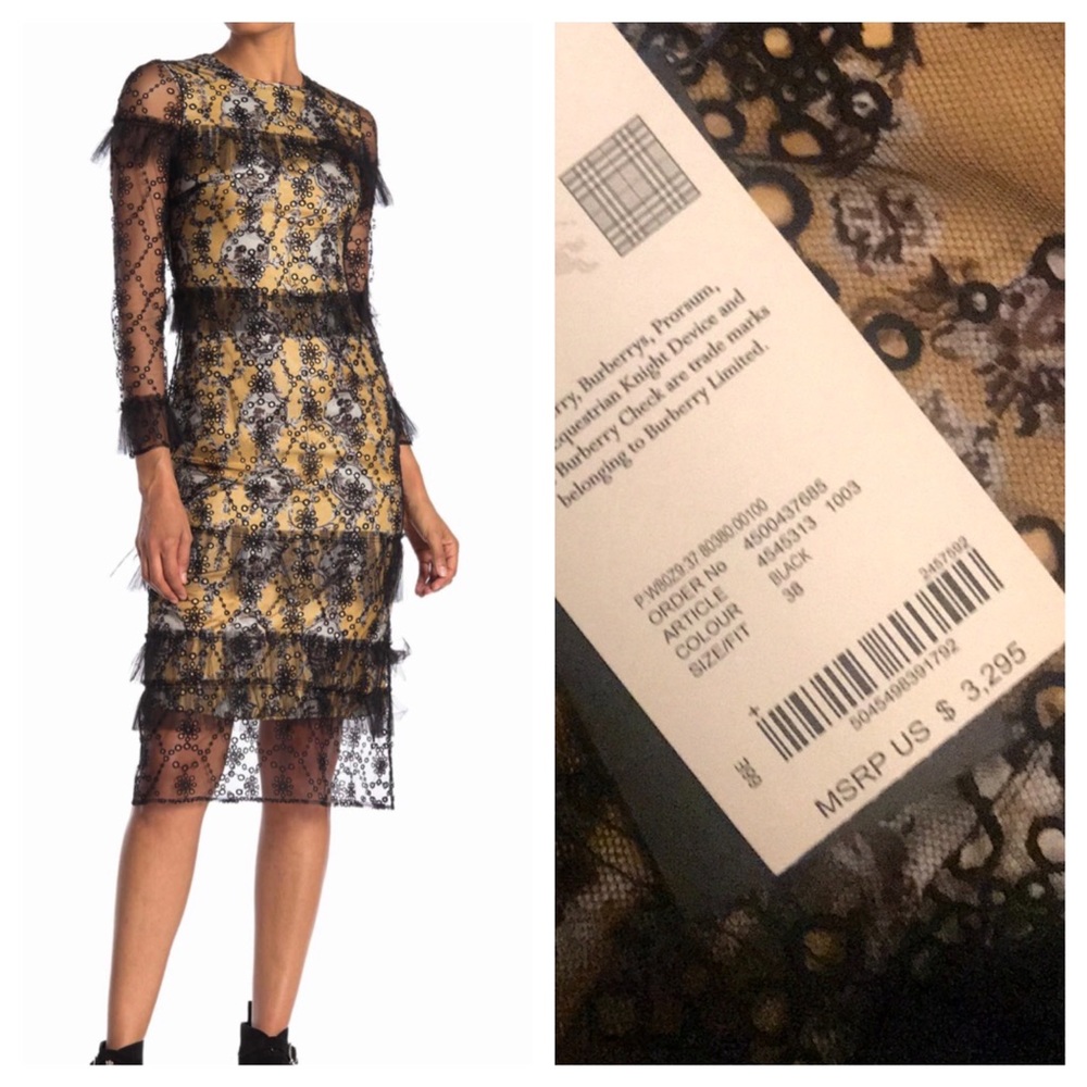 Burberry pleated mesh overlay long sleeve dress